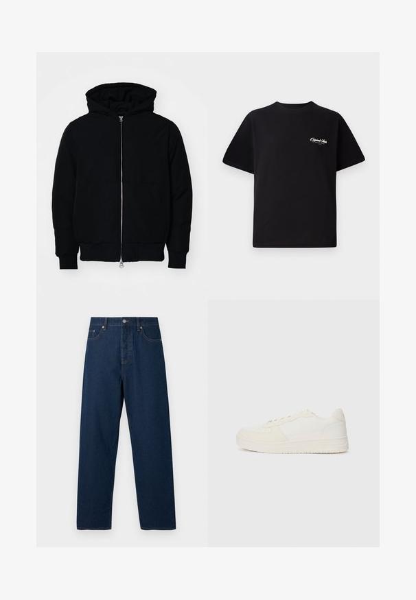 Svart hettejakke med frontglidelås, kengurulomme, ribbestrikket mansjetter og søm, vist på en ensfarget hvit bakgrunn.; Svart bomull t-skjorte med rund hals, korte ermer og liten hvit logo-tekst på venstre bryst. Enkel design, klassisk passform.; Mørkeblå denimbukser med rett snitt, fem lommer og knappelukking. Har kontrasttråd og en klassisk midje. ; Hvit sneakers med en glatt læroverdel og suedeforsterkninger. Har en perforert tå, flate lisser og en gummisåle med teksturert detaljering.