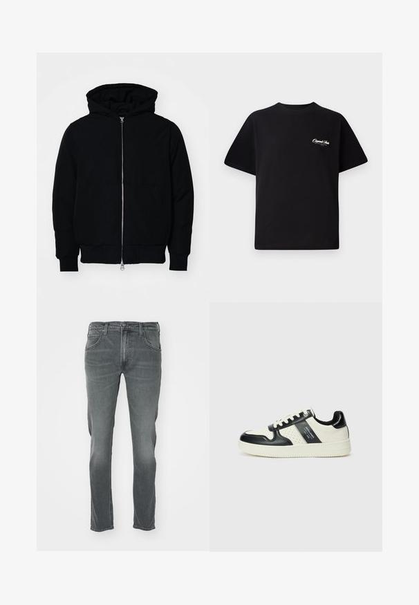 Chaqueta negra con capucha, cierre frontal, bolsillo tipo canguro, y puños y dobladillo acanalados, exhibida sobre un fondo blanco liso.; Camiseta de algodón negra con cuello redondo, mangas cortas y pequeño texto en blanco del logo en el lado izquierdo del pecho. Diseño simple, corte clásico.; Jeans de mezclilla gris con corte recto, que cuentan con un cierre de botón, cinco bolsillos y un sutil desgaste en la parte frontal.; Zapatillas de cuero con un esquema de colores negro y crema, que cuentan con acentos perforados, un collar acolchado y una suela texturizada.