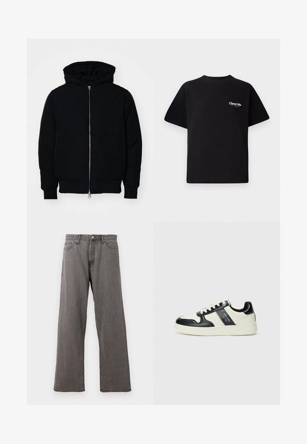 Black hooded jacket with front zipper, kangaroo pocket, ribbed cuffs, and hem, displayed on a plain white background.; Black cotton t-shirt featuring a crew neckline, short sleeves, and small white logo text on the left chest. Simple design, classic fit.; Gray straight-leg denim jeans with front button, zipper fly, and five-pocket design against a white background.; Leather sneakers with a black and cream color scheme, featuring perforated accents, a padded collar, and a textured outsole.