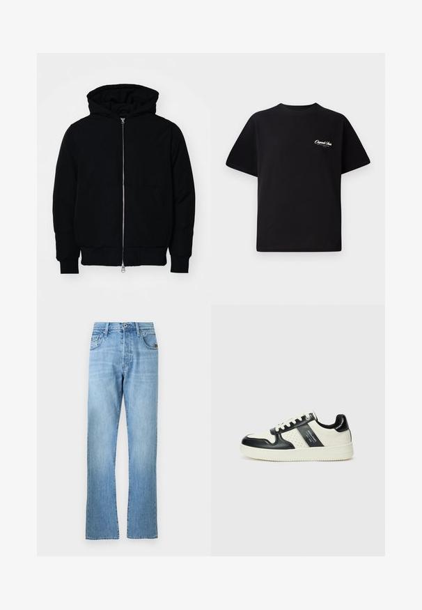 Melna kapucēta jaka ar priekšējo rāvējslēdzēju, kenguru kabatu, ribinātām aprocēm un apakšmalu, parādīta uz vienkārša balta fona.; Melnas kokvilnas t-krekls ar apaļu kakla izgriezumu, īsām piedurknēm un maziem baltiem logotipa uzrakstiem kreisajā krūšu daļā. Vienkāršs dizains, klasiskā piegriezne.; Gai zilu denima bikses ar taisnu kāju griezumu, kas iekļauj klasisku piecu kabatu dizainu, vieglu izbalēšanu un kontrastējošas šuvju detaļas.; Ādas sporta apavi ar melnbaltu krāsu shēmu, ar perforētiem akcentiem, mīkstinātu apkakli un teksturētu zoli.
