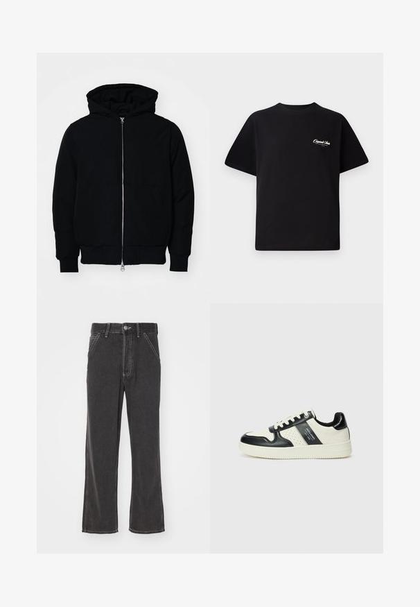 Crna kapuška jakna s prednjim zatvaračem, kenguru džepom, rebrastim manžetama i rubom, prikazana na običnoj bijeloj pozadini.; Crna pamučna majica s okruglim izrezom, kratkim rukavima i malim bijelim logotipom s lijeve strane na prsima. Jednostavan dizajn, klasičan kroj.; Crne traperice s raskošnim nogavicama i visokim strukom, s kontrastnim šavovima, prednjim džepovima i kopčanjem na dugme. Materal izgleda čvrsto s glatkom teksturom.; Kožne tenisice s crno-bijelom paletom boja, koje imaju perforirane akcentne detalje, podstavljeni ovratnik i teksturiranu potplat.
