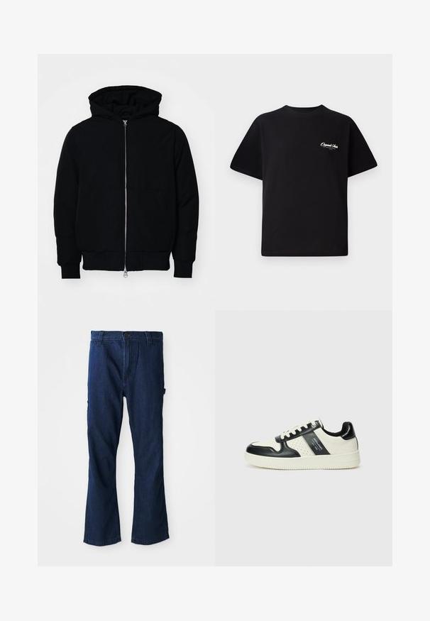 Zwarte hoodie met rits aan de voorkant, kangoeroe-pocket, geribbelde manchetten en zoom, weergegeven op een effen witte achtergrond.; Zwarte katoenen t-shirt met een ronde hals, korte mouwen en kleine witte logo-tekst op de linkerkant van de borst. Eenvoudig ontwerp, klassieke pasvorm.; Blauwe spijkerbroeken met een rechte pijpdesign, een knoopsluiting en twee zijzakken met een lichte vervaging in textuur.; Leren sneakers met een zwart en crèmekleurig kleurenschema, voorzien van geperforeerde accenten, een gevoerde kraag en een gestructureerde buitenzool.