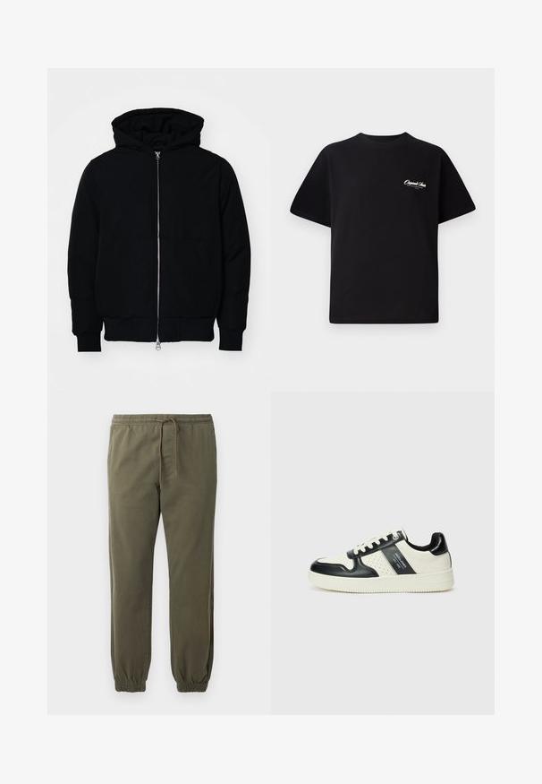 Svart hettejakke med frontglidelås, kengurulomme, ribbestrikket mansjetter og søm, vist på en ensfarget hvit bakgrunn.; Svart bomull t-skjorte med rund hals, korte ermer og liten hvit logo-tekst på venstre bryst. Enkel design, klassisk passform.; Olivengrønne joggebukser laget av mykt stoff, med elastisk midjebånd, snøring og elastiske mansjetter ved anklene.; Lædersneakers med sort og creme farveskema, der har perforerede detaljer, en polstret krave og en struktureret ydersål.
