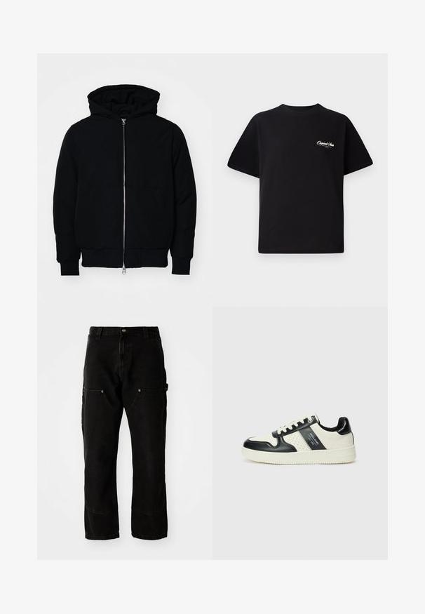 Svart hettejakke med frontglidelås, kengurulomme, ribbestrikket mansjetter og søm, vist på en ensfarget hvit bakgrunn.; Svart bomull t-skjorte med rund hals, korte ermer og liten hvit logo-tekst på venstre bryst. Enkel design, klassisk passform.; Svarte denim cargo bukser med en avslappet passform, med to frontlommer, sidelommer og synlige sømdetaljer.; Lædersneakers med sort og creme farveskema, der har perforerede detaljer, en polstret krave og en struktureret ydersål.