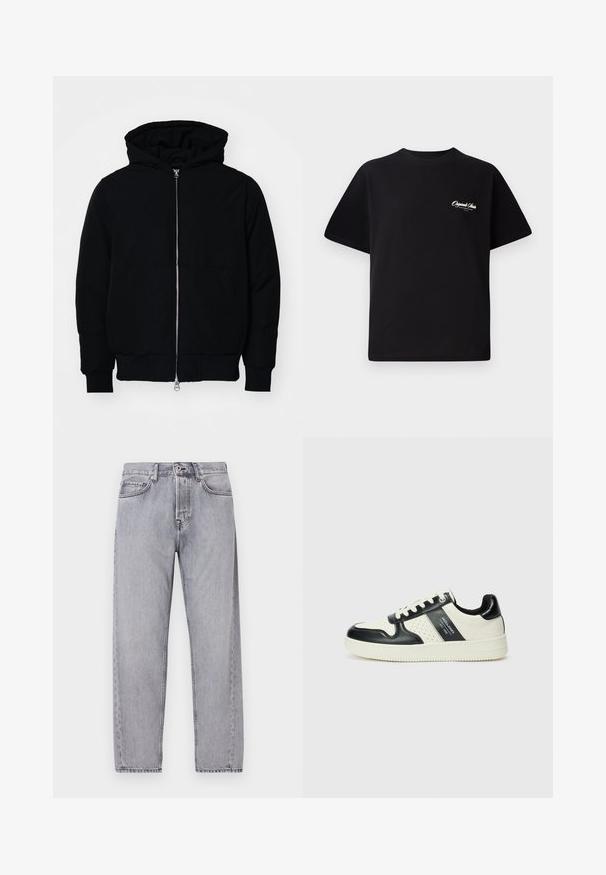 Black hooded jacket with front zipper, kangaroo pocket, ribbed cuffs, and hem, displayed on a plain white background.; Black cotton t-shirt featuring a crew neckline, short sleeves, and small white logo text on the left chest. Simple design, classic fit.; Light gray denim jeans with a straight leg design, featuring five pockets and a button fly closure. Noticeable fading and subtle stitching details.; Leather sneakers with a black and cream color scheme, featuring perforated accents, a padded collar, and a textured outsole.