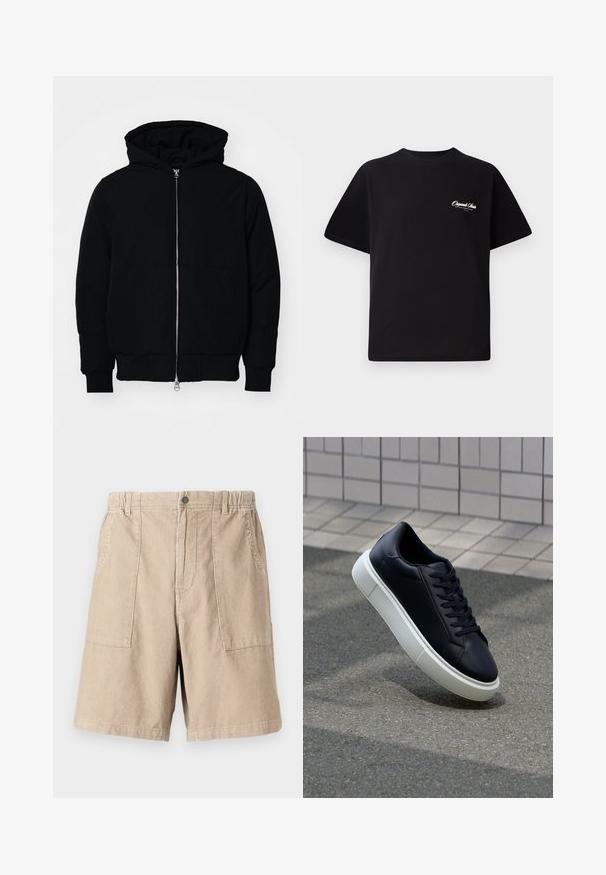 Mustaga kapuutsiga jakk, millel on esineed, kenguru tasku, soonikkoes, ja alläär, esitatud lihtsal valgel taustal.; Must mustrüst t-särk, millel on ümar kaelus, lühikesed varrukad ja väike valge logo tekst vasakul rinnal. Lihtne disain, klassikaline sobivus.; Beezž värvi kootud lühikesed püksid, millel on tekstuuriga kangas, kaks küljetaskut, elastne vöökoht ja ühekordne nööbi sulgur.; Mustast nahast tennisetoss, millel on ümar nina ja valge kummist tall. Omab siredaid paelu ja minimaalset õmblemist ülemises osas. Tekstuuriga tald, mis tagab haakuvuse.