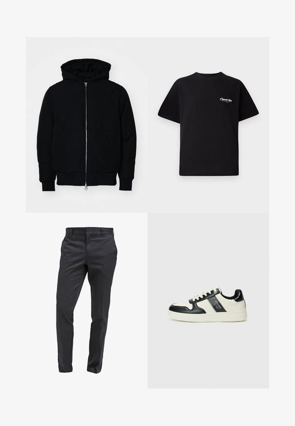 Giacca nera con cappuccio, dotata di zip frontale, tasca a marsupio, polsini e orlo a coste, esposta su uno sfondo bianco semplice.; T-shirt in cotone nero con scollatura rotonda, maniche corte e piccolo testo del logo bianco sul lato sinistro del petto. Design semplice, vestibilità classica.; Pantaloni neri su misura realizzati in un tessuto liscio, con un design a gamba dritta, passanti per la cintura e una chiusura frontale classica.; Sneakers in pelle con una combinazione di colori nero e crema, dotati di dettagli perforati, collare imbottito e suola testurizzata.