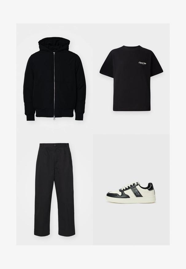Giacca nera con cappuccio, dotata di zip frontale, tasca a marsupio, polsini e orlo a coste, esposta su uno sfondo bianco semplice.; T-shirt in cotone nero con scollatura rotonda, maniche corte e piccolo testo del logo bianco sul lato sinistro del petto. Design semplice, vestibilità classica.; Pantaloni in cotone neri con vestibilità dritta, con chiusura a bottoni, due tasche frontali e una superficie liscia.; Sneakers in pelle con una combinazione di colori nero e crema, dotati di dettagli perforati, collare imbottito e suola testurizzata.