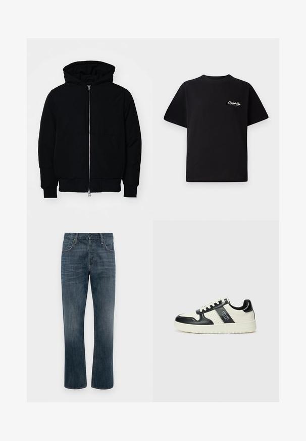 Črna kapuca jakna s sprednjim zadrgo, kenguru žepom, rebrastimi manšetami in hemom, razstavljena na enostavni beli ozadju.; Črna bombažna majica s krožno ovratnikom, kratkimi rokavi in majhnim belim logotipom na levem prsnem delu. Preprost dizajn, klasičen kroj.; Temno modre kavbojke z ravnim slogom, zasnova s petimi žepi, spredaj s gumbom za zapiranje in vidnimi šivi.; Usnjeni športni čevlji z črno in krem barvno shemo, ki vključujejo perforirane dodatke, podložen ovratnik in strukturirano podplat.