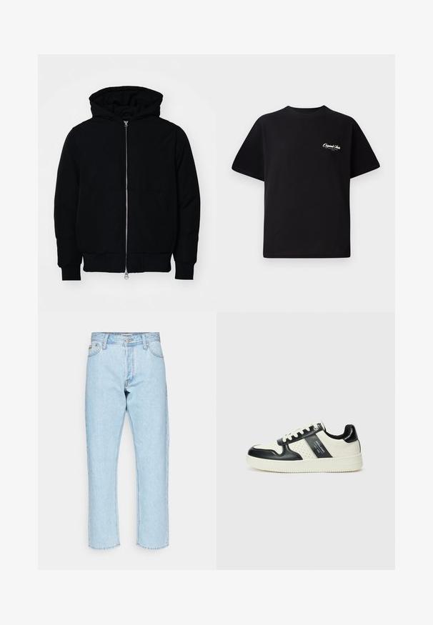 Crna kapuška jakna s prednjim zatvaračem, kenguru džepom, rebrastim manžetama i rubom, prikazana na običnoj bijeloj pozadini.; Crna pamučna majica s okruglim izrezom, kratkim rukavima i malim bijelim logotipom s lijeve strane na prsima. Jednostavan dizajn, klasičan kroj.; Svijetloplavi traperice ravnog kroja, s klasičnim dizajnom od pet džepova i metalnim detaljima.; Kožne tenisice s crno-bijelom paletom boja, koje imaju perforirane akcentne detalje, podstavljeni ovratnik i teksturiranu potplat.
