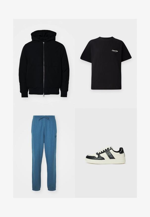 Sort hættejakke med frontlynlås, kængurulomme, ribbede manchetter og kant, præsenteret på en ensfarvet hvid baggrund.; Sort bomulds T-shirt med rund halsudskæring, korte ærmer og lille hvid logo tekst på venstre bryst. Enkel design, klassisk pasform.; Blå, bomulds sweatpants med elastisk talje og justerbar snor. Har et lille logo på venstre ben og taperede manchetter ved anklerne.; Lædersneakers i sort og creme farveskema, med perforerede detaljer, en polstret krave og en struktureret ydersål.