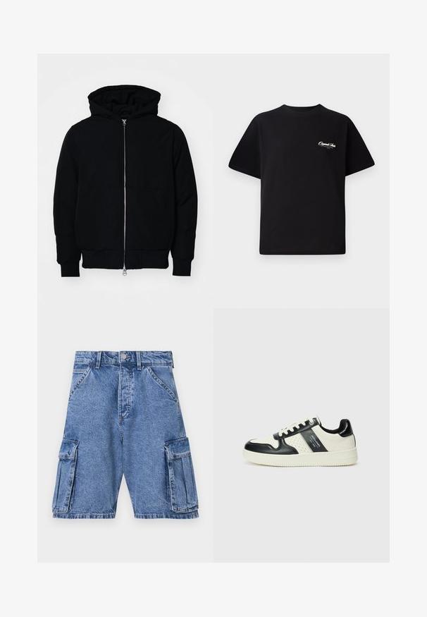 Crna kapuška jakna s prednjim zatvaračem, kenguru džepom, rebrastim manžetama i rubom, prikazana na običnoj bijeloj pozadini.; Crna pamučna majica s okruglim izrezom, kratkim rukavima i malim bijelim logotipom s lijeve strane na prsima. Jednostavan dizajn, klasičan kroj.; Plave traperice cargo kratke hlače s visokim strukom, višestrukim cargo džepovima sa strane i klasičnim dizajnom s pet džepova. Kamenom oprana tekstura.; Kožne tenisice s crno-bijelom paletom boja, koje imaju perforirane akcentne detalje, podstavljeni ovratnik i teksturiranu potplat.
