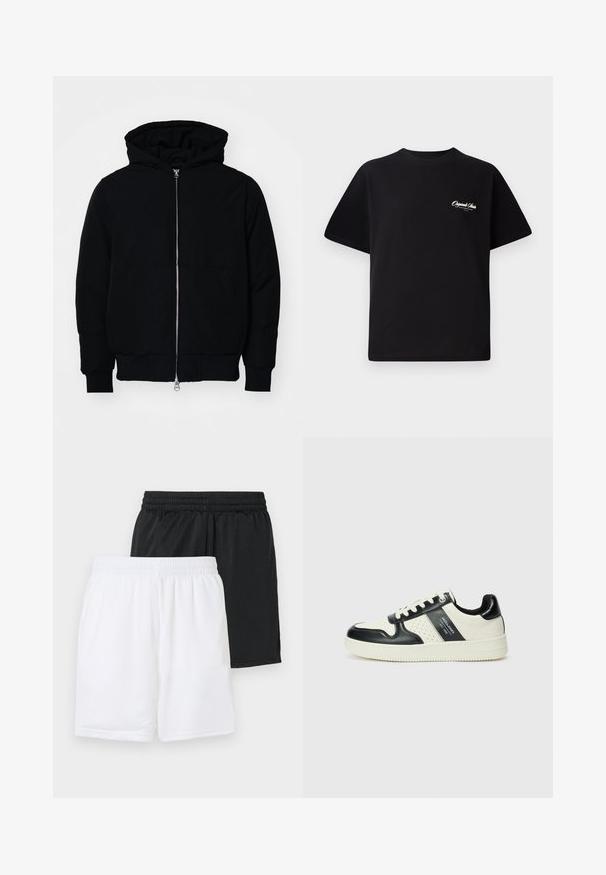 Juodas gobtuvėlis su priekiniu užtrauktuku, kengūros tipo kišene, lygiais rankogaliais ir apvadu, pateiktas ant vientiso balto fono.; Juodas medvilninis marškinėliai su apvalia kaklo linija, trumpomis rankovėmis ir mažais baltais logotipo raštais kairiajame krūtinės šone. Paprastas dizainas, klasikinio kirpimo.; Du pirštinės sportinės šortai: vieni juodi, kiti balti. Abu turi elastinę juostą ir kvėpuojančią megztinę.; Odiniai sportbačiai juodos ir kreminės spalvų schemoje, su perforuotais akcentais, paminkštinta apykakle ir tekstūruotu padu.