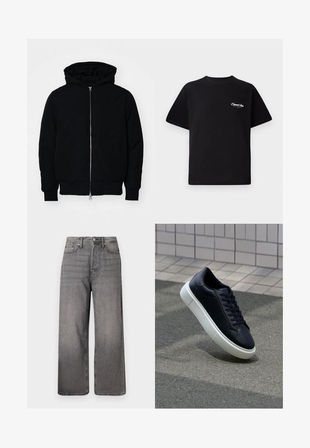 Melna kapucēta jaka ar priekšējo rāvējslēdzēju, kenguru kabatu, ribinātām aprocēm un apakšmalu, parādīta uz vienkārša balta fona.; Melnas kokvilnas t-krekls ar apaļu kakla izgriezumu, īsām piedurknēm un maziem baltiem logotipa uzrakstiem kreisajā krūšu daļā. Vienkāršs dizains, klasiskā piegriezne.; Plati kāju džinsi izbalinātā melnā džinsā. Iezīmes piecu kabatu dizains, ar rāvējslēdzēju un metāla pogu. Nolietota tekstūra ar smalkām krāsas variācijām.; Melnas ādas kedas ar noapaļotu pirkstu un baltu gumijas zoli. Iespējas - plakanas šņorītes un minimāla apdare augšdaļā. Struktūrēta zole, lai nodrošinātu saķeri.