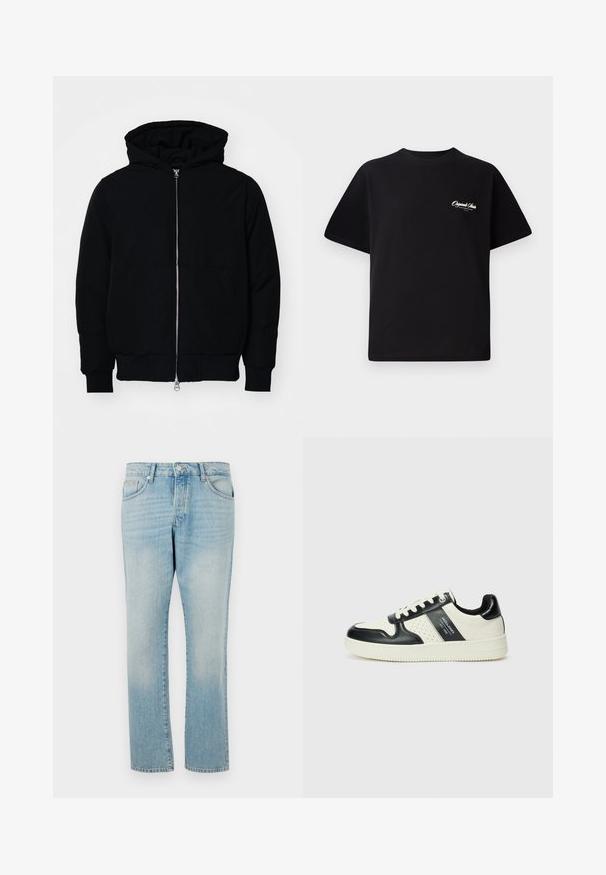 Schwarze Kapuzenjacke mit Frontreißverschluss, Kängurutasche, gerippten Bündchen und Saum, auf einem schlichten weißen Hintergrund präsentiert.; Schwarzes Baumwoll-T-Shirt mit Rundhalsausschnitt, kurzen Ärmeln und kleinem weißen Logotext auf der linken Brust. Schlichtes Design, klassischer Schnitt.; Hellblaue Jeans aus Denim mit geradem Schnitt, ausgestattet mit einer Fünf-Taschen-Konfiguration und einem Knopfverschluss am Bund. Glatte Textur.; Leder-Sneaker in Schwarz- und Cremetönen, mit perforierten Akzenten, einem gepolsterten Kragen und einer strukturierten Laufsohle.