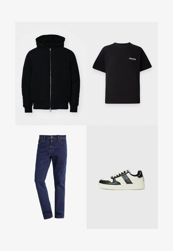 Mustaga kapuutsiga jakk, millel on esineed, kenguru tasku, soonikkoes, ja alläär, esitatud lihtsal valgel taustal.; Must mustrüst t-särk, millel on ümar kaelus, lühikesed varrukad ja väike valge logo tekst vasakul rinnal. Lihtne disain, klassikaline sobivus.; Tumed sinine sirge säärega denimpüksid esipockets, nup closure, vööloopidele ning nähtava õmblusega.; Nahatud nahkkingad musta ja kreemi värviskeemiga, millel on perforeeritud aktsendid, pehme krae ja tekstureeritud tallad.