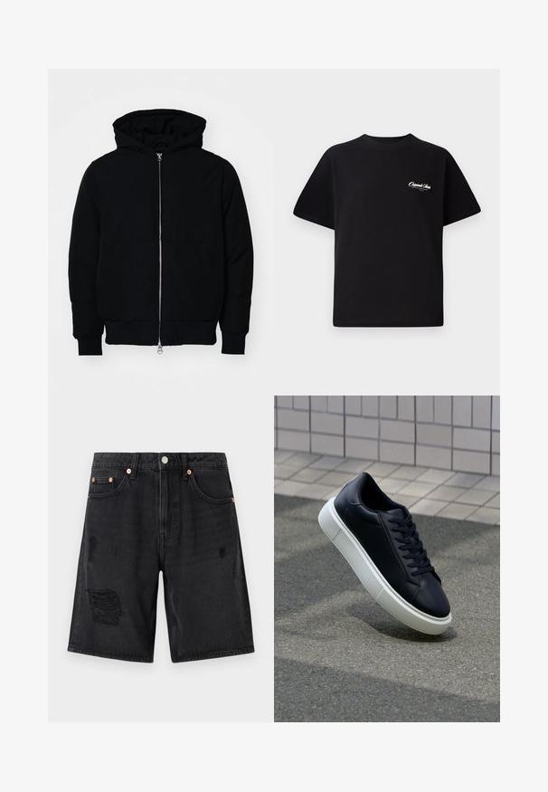 Juodas gobtuvėlis su priekiniu užtrauktuku, kengūros tipo kišene, lygiais rankogaliais ir apvadu, pateiktas ant vientiso balto fono.; Juodas medvilninis marškinėliai su apvalia kaklo linija, trumpomis rankovėmis ir mažais baltais logotipo raštais kairiajame krūtinės šone. Paprastas dizainas, klasikinio kirpimo.; Juodi džinsiniai šortai su nusidėvėjusiais akcentais, penkių kišenių dizainas ir vario spalvos detalės. Audinys yra lygus ir malonus liesti.; Juodas odinis sportbačius su apvaliu pirštu ir baltu gumuotu padu. Turi plokščias raišteles ir minimalų siuvimą viršuje. Padangos tekstūra užtikrina sukibimą.