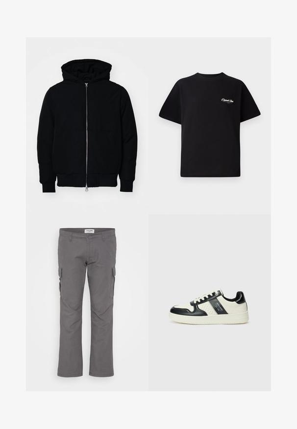 Svart huoodiejacka med framdragkedja, känguruficka, ribbade ärmslut och nederkant, uppställd mot en vit bakgrund.; Svart bomull t-shirt med rund halsringning, korta ärmar och liten vit logotext på vänster bröst. Enkel design, klassisk passform.; Grå cargobyxor med rak passform, tillverkade av en bomullsblandning. Har flera sidfickor och en standardmidja. Slät struktur.; Läder sneakers med en svart och krämfärgad färgsättning, med perforerade detaljer, en vadderad krage och en strukturerad yttersula.