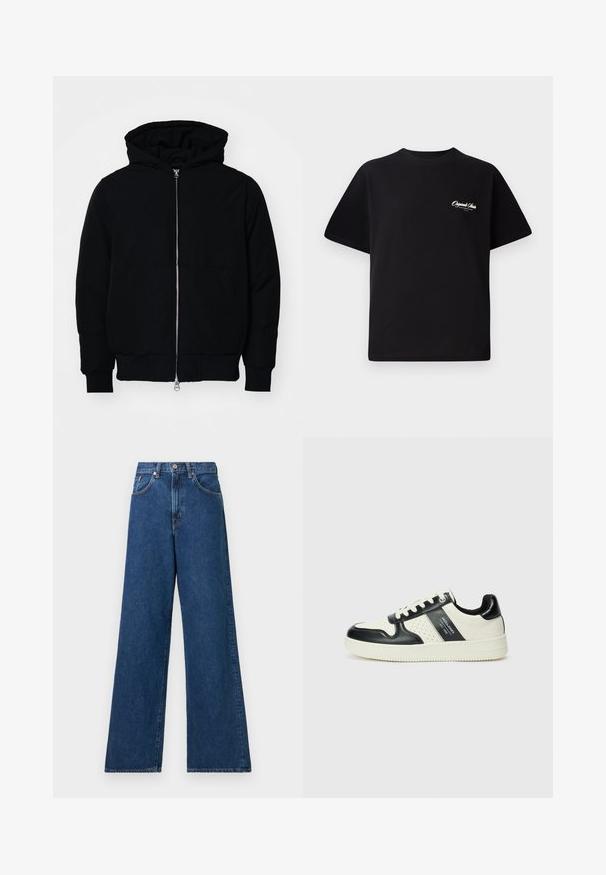 Chaqueta negra con capucha, cierre frontal, bolsillo tipo canguro, y puños y dobladillo acanalados, exhibida sobre un fondo blanco liso.; Camiseta de algodón negra con cuello redondo, mangas cortas y pequeño texto en blanco del logo en el lado izquierdo del pecho. Diseño simple, corte clásico.; Jeans de mezclilla azul de pierna ancha con una cintura alta, que cuentan con pasadores para cinturón y bolsillos frontales. La tela tiene una textura suave y una costura mínima.; Zapatillas de cuero con un esquema de colores negro y crema, que cuentan con acentos perforados, un collar acolchado y una suela texturizada.