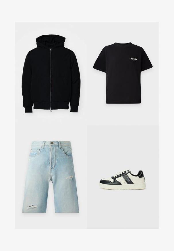 Melna kapucēta jaka ar priekšējo rāvējslēdzēju, kenguru kabatu, ribinātām aprocēm un apakšmalu, parādīta uz vienkārša balta fona.; Melnas kokvilnas t-krekls ar apaļu kakla izgriezumu, īsām piedurknēm un maziem baltiem logotipa uzrakstiem kreisajā krūšu daļā. Vienkāršs dizains, klasiskā piegriezne.; Gai zili džinsi šorti ar brīvu piegriezumu, ar noberzumiem, sānu kabatām un vienu augšējo pogu.; Ādas sporta apavi ar melnbaltu krāsu shēmu, ar perforētiem akcentiem, mīkstinātu apkakli un teksturētu zoli.