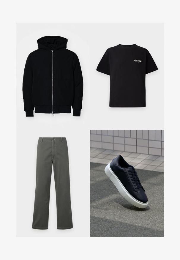 Mustaga kapuutsiga jakk, millel on esineed, kenguru tasku, soonikkoes, ja alläär, esitatud lihtsal valgel taustal.; Must mustrüst t-särk, millel on ümar kaelus, lühikesed varrukad ja väike valge logo tekst vasakul rinnal. Lihtne disain, klassikaline sobivus.; Hallhargused püksid, mis on valmistatud puuvillase segukanga, klassikalise viie-tasku kujunduse ja esiklahviga, kontrastsete õmbluste detailidega.; Mustast nahast tennisetoss, millel on ümar nina ja valge kummist tall. Omab siredaid paelu ja minimaalset õmblemist ülemises osas. Tekstuuriga tald, mis tagab haakuvuse.