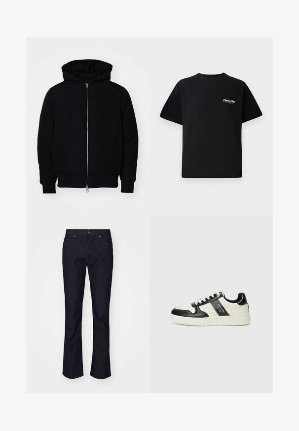 Chaqueta negra con capucha, cierre frontal, bolsillo tipo canguro, y puños y dobladillo acanalados, exhibida sobre un fondo blanco liso.; Camiseta de algodón negra con cuello redondo, mangas cortas y pequeño texto en blanco del logo en el lado izquierdo del pecho. Diseño simple, corte clásico.; Jeans de denimu oscuro con un diseño de pierna recta, que cuentan con un estilo clásico de cuatro bolsillos y costuras sutiles. Incluye botón y remaches metálicos.; Zapatillas de cuero con un esquema de colores negro y crema, que cuentan con acentos perforados, un collar acolchado y una suela texturizada.
