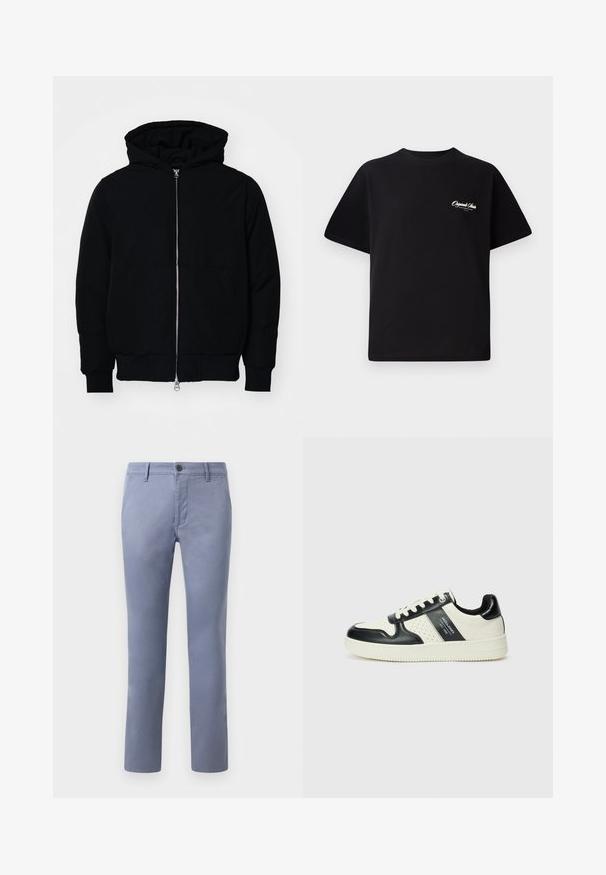 Schwarze Kapuzenjacke mit Frontreißverschluss, Kängurutasche, gerippten Bündchen und Saum, auf einem schlichten weißen Hintergrund präsentiert.; Schwarzes Baumwoll-T-Shirt mit Rundhalsausschnitt, kurzen Ärmeln und kleinem weißen Logotext auf der linken Brust. Schlichtes Design, klassischer Schnitt.; Helle blaue Baumwollchinos mit schlanker Passform, mit Knopfverschluss, Gürtelschlaufen und Seitentaschen, glatter Textur und geraden Beinen.; Leder-Sneaker in Schwarz- und Cremetönen, mit perforierten Akzenten, einem gepolsterten Kragen und einer strukturierten Laufsohle.