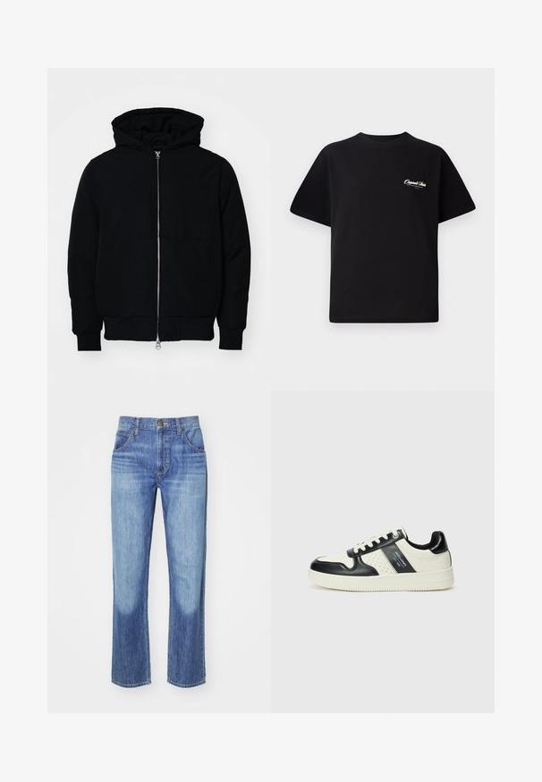 Czarna kurtka z kapturem, z suwakiem z przodu, kieszenią kangurką, ściągaczami przy mankietach i dolnym brzegu, prezentowana na jednolitym białym tle.; Czarny bawełniany t-shirt z okrągłym dekoltem, krótkimi rękawami i małym białym logo na lewej piersi. Prosty design, klasyczny krój.; Niebieskie dżinsy o prostym kroju, jasnym przetarciu, pięciopocketowym designie, brązowym guzikiem oraz kontrastowym przeszyciem na szwach.; Skórzane sneakersy w czarno-kremowym schemacie kolorystycznym, z perforowanymi akcentami, wyściełanym kołnierzem i teksturowaną podeszwą.