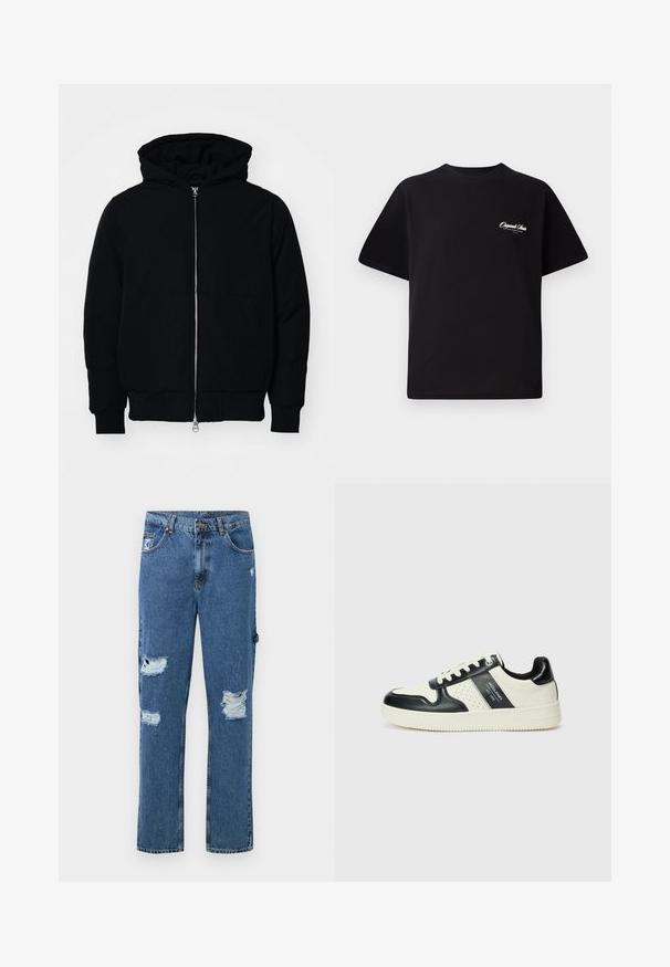 Chaqueta negra con capucha, cierre frontal, bolsillo tipo canguro, y puños y dobladillo acanalados, exhibida sobre un fondo blanco liso.; Camiseta de algodón negra con cuello redondo, mangas cortas y pequeño texto en blanco del logo en el lado izquierdo del pecho. Diseño simple, corte clásico.; Jeans de mezclilla azul con parches desgastados en ambas piernas, diseño de cinco bolsillos, cierre de botón y trabillas para cinturón.; Zapatillas de cuero con un esquema de colores negro y crema, que cuentan con acentos perforados, un collar acolchado y una suela texturizada.