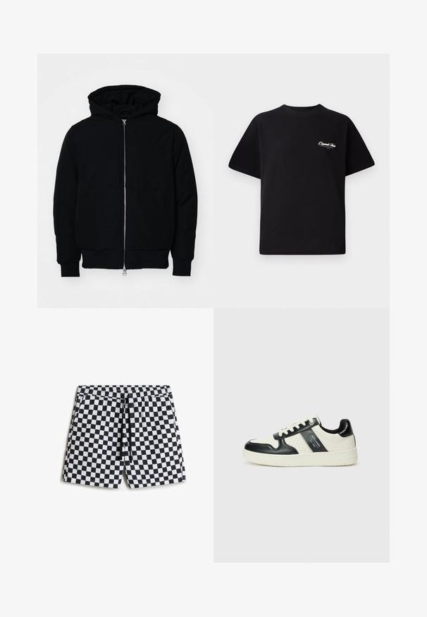Giacca nera con cappuccio, dotata di zip frontale, tasca a marsupio, polsini e orlo a coste, esposta su uno sfondo bianco semplice.; T-shirt in cotone nero con scollatura rotonda, maniche corte e piccolo testo del logo bianco sul lato sinistro del petto. Design semplice, vestibilità classica.; Costumi da bagno a scacchi bianco e nero con vita elastica, cordoncino e tasche laterali, realizzati in un tessuto leggero e morbido.; Sneakers in pelle con una combinazione di colori nero e crema, dotati di dettagli perforati, collare imbottito e suola testurizzata.