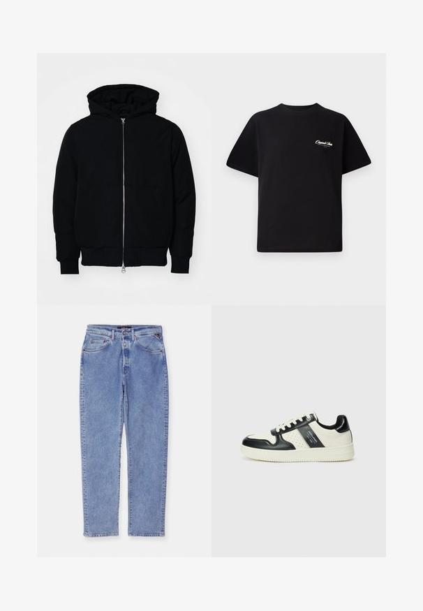 Juodas gobtuvėlis su priekiniu užtrauktuku, kengūros tipo kišene, lygiais rankogaliais ir apvadu, pateiktas ant vientiso balto fono.; Juodas medvilninis marškinėliai su apvalia kaklo linija, trumpomis rankovėmis ir mažais baltais logotipo raštais kairiajame krūtinės šone. Paprastas dizainas, klasikinio kirpimo.; Šviesiai mėlyni džinsai su tiesiomis kojomis, penkiais kišenėmis ir mygtuko užtrauktuku. Savybė – švelnus išblukimas ir kontrastinga siuvimo linija.; Odiniai sportbačiai juodos ir kreminės spalvų schemoje, su perforuotais akcentais, paminkštinta apykakle ir tekstūruotu padu.