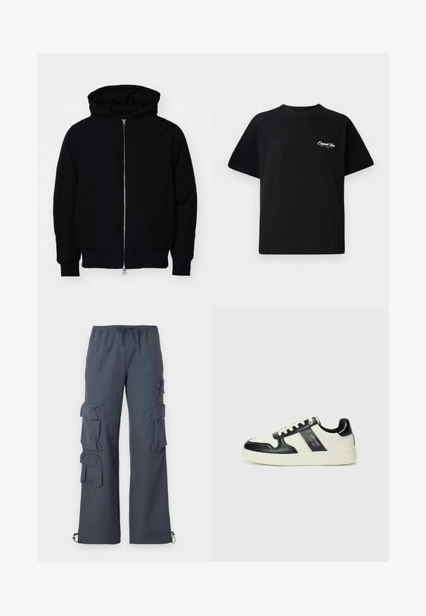 Czarna kurtka z kapturem, z suwakiem z przodu, kieszenią kangurką, ściągaczami przy mankietach i dolnym brzegu, prezentowana na jednolitym białym tle.; Czarny bawełniany t-shirt z okrągłym dekoltem, krótkimi rękawami i małym białym logo na lewej piersi. Prosty design, klasyczny krój.; Ciemnoszare spodnie cargo z elastycznym pasem, wieloma dużymi kieszeniami po bokach oraz regulowanymi mankietami przy kostkach.; Skórzane sneakersy w czarno-kremowym schemacie kolorystycznym, z perforowanymi akcentami, wyściełanym kołnierzem i teksturowaną podeszwą.