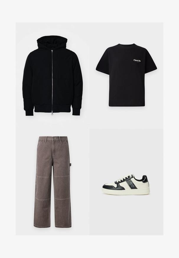 Black hooded jacket with front zipper, kangaroo pocket, ribbed cuffs, and hem, displayed on a plain white background.; Black cotton t-shirt featuring a crew neckline, short sleeves, and small white logo text on the left chest. Simple design, classic fit.; Wide-leg trousers in a faded brown color, made of durable fabric with contrasting stitching. Features panel detailing and a side pocket.; Leather sneakers with a black and cream color scheme, featuring perforated accents, a padded collar, and a textured outsole.