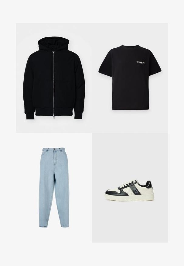 Juodas gobtuvėlis su priekiniu užtrauktuku, kengūros tipo kišene, lygiais rankogaliais ir apvadu, pateiktas ant vientiso balto fono.; Juodas medvilninis marškinėliai su apvalia kaklo linija, trumpomis rankovėmis ir mažais baltais logotipo raštais kairiajame krūtinės šone. Paprastas dizainas, klasikinio kirpimo.; Šviesiai mėlyni aukštu liemeniu džinsai su laisvu siluetu. Yra priekinis mygtukas, užtrauktukas ir penkių kišenių dizainas. Šiek tiek išblukusi audinio tekstūra.; Odiniai sportbačiai juodos ir kreminės spalvų schemoje, su perforuotais akcentais, paminkštinta apykakle ir tekstūruotu padu.