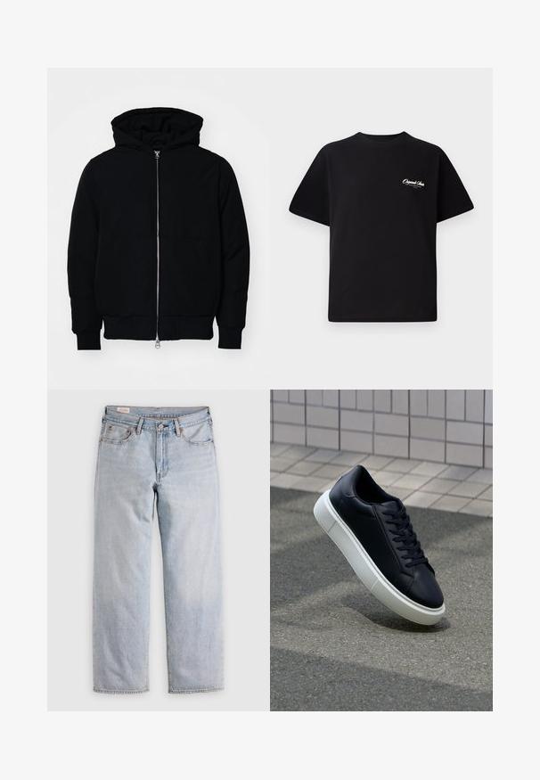 Czarna kurtka z kapturem, z suwakiem z przodu, kieszenią kangurką, ściągaczami przy mankietach i dolnym brzegu, prezentowana na jednolitym białym tle.; Czarny bawełniany t-shirt z okrągłym dekoltem, krótkimi rękawami i małym białym logo na lewej piersi. Prosty design, klasyczny krój.; Jasnoniebieskie dżinsy o prostym kroju z wysokim stanem, z zapięciem na guziki oraz kieszeniami z przodu i z tyłu, ułożone na płaskiej powierzchni.; Czarne skórzane sneakersy z okrągłym noskiem i białą gumową podeszwą. Posiadają płaskie sznurowadła i minimalne przeszycia na cholewce. Teksturowana podeszwa zapewnia przyczepność.
