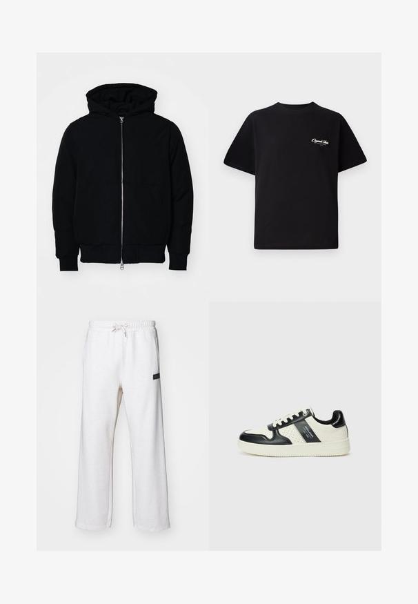 Melna kapucēta jaka ar priekšējo rāvējslēdzēju, kenguru kabatu, ribinātām aprocēm un apakšmalu, parādīta uz vienkārša balta fona.; Melnas kokvilnas t-krekls ar apaļu kakla izgriezumu, īsām piedurknēm un maziem baltiem logotipa uzrakstiem kreisajā krūšu daļā. Vienkāršs dizains, klasiskā piegriezne.; Ellesse MACCHIE - Treniņtērpa apakšdaļas - oatmeal; Ādas sporta apavi ar melnbaltu krāsu shēmu, ar perforētiem akcentiem, mīkstinātu apkakli un teksturētu zoli.