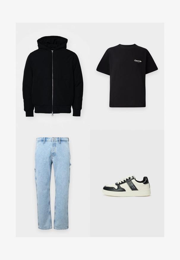 Svart hettejakke med frontglidelås, kengurulomme, ribbestrikket mansjetter og søm, vist på en ensfarget hvit bakgrunn.; Svart bomull t-skjorte med rund hals, korte ermer og liten hvit logo-tekst på venstre bryst. Enkel design, klassisk passform.; Lyseblå denim cargo-bukser med rett ben-design, sidelommer og knappelukking i midjen. Stoffet har en falmet tekstur.; Lædersneakers med sort og creme farveskema, der har perforerede detaljer, en polstret krave og en struktureret ydersål.