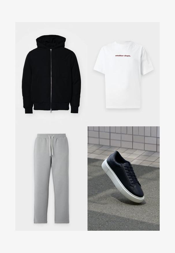 Black hooded jacket with front zipper, kangaroo pocket, ribbed cuffs, and hem, displayed on a plain white background.; White cotton t-shirt with short sleeves and a crew neckline, featuring red text "atelier dept." printed on the front. Simple design.; Gray sweatpants made of soft fabric, featuring an elastic waistband with white drawstrings, straight legs, and no visible pockets.; Black leather sneaker with rounded toe and white rubber sole. Features flat laces and minimal stitching on the upper. Textured sole for grip.
