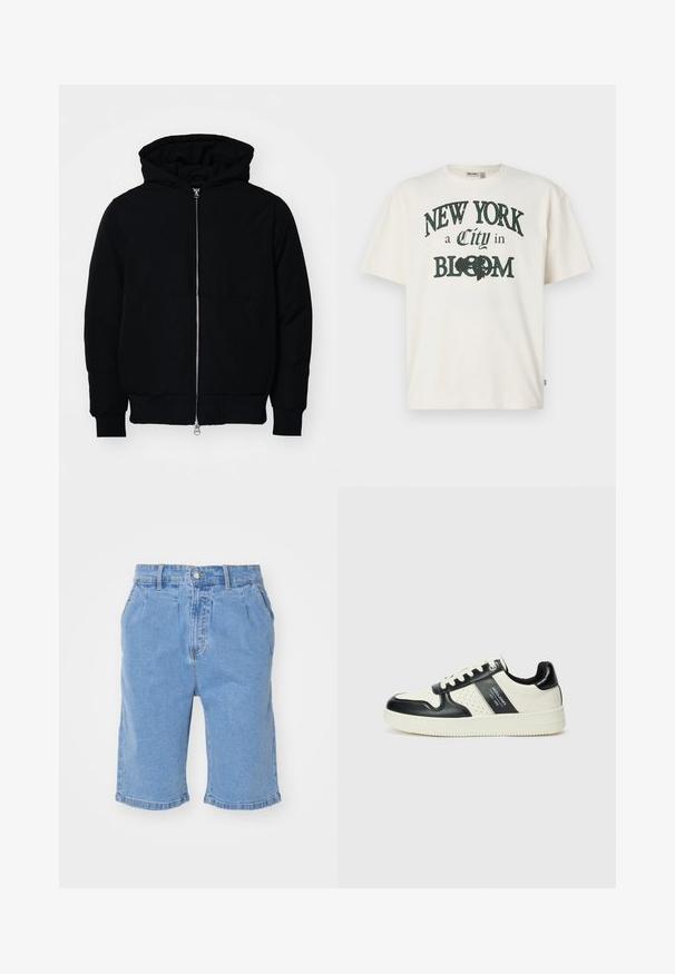 Svart hettejakke med frontglidelås, kengurulomme, ribbestrikket mansjetter og søm, vist på en ensfarget hvit bakgrunn.; Kremfarget bomull t-skjorte med kort erm, med et trykt design som sier "NEW YORK en by i BLOOM" i mørkegrønn.; Lyseblå denimshorts med avslappet passform, med knappelukking, folder foran og sydd kant.; Lædersneakers med sort og creme farveskema, der har perforerede detaljer, en polstret krave og en struktureret ydersål.