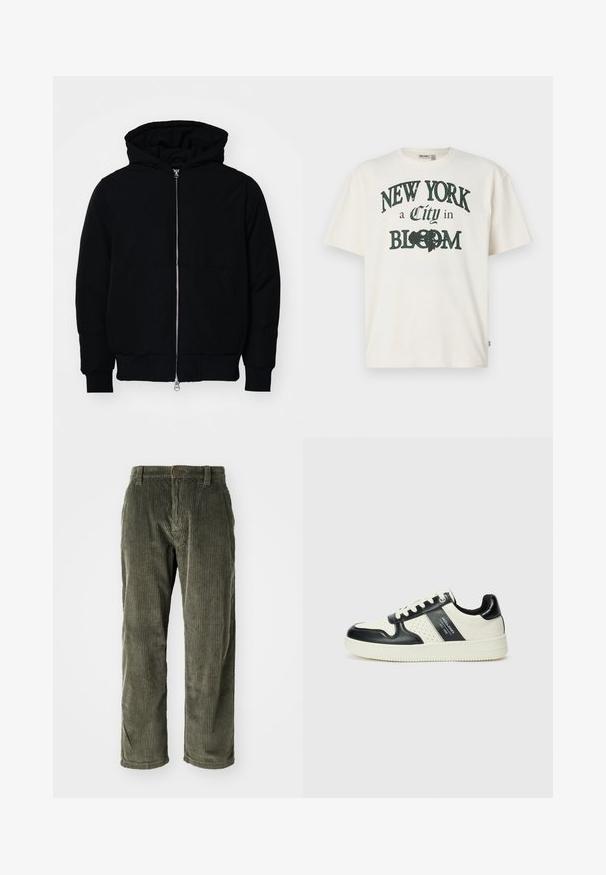 Črna kapuca jakna s sprednjim zadrgo, kenguru žepom, rebrastimi manšetami in hemom, razstavljena na enostavni beli ozadju.; Kremno barvana bombažna majica s kratkimi rokavi, ki ima potiskan napis "NEW YORK mesto v CVETENJU" v temno zeleni barvi.; Olive zelene kordne hlače z navpičnim žametu, z gumbom na zapiranju in naravnim krojem na ravno. Mehak otip z klasičnim krojem.; Usnjeni športni čevlji z črno in krem barvno shemo, ki vključujejo perforirane dodatke, podložen ovratnik in strukturirano podplat.