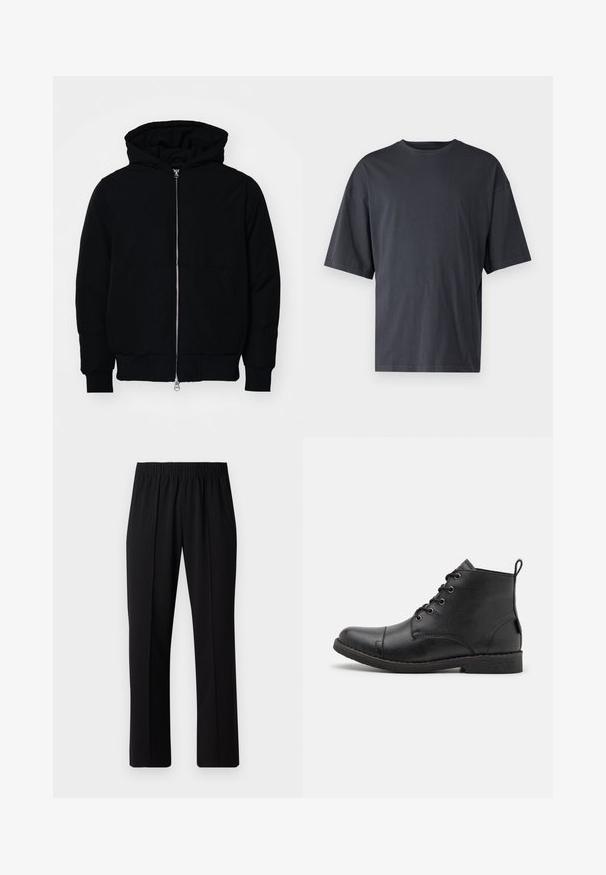 Mustaga kapuutsiga jakk, millel on esineed, kenguru tasku, soonikkoes, ja alläär, esitatud lihtsal valgel taustal.; Tumehall lühikeste varrukatega T-särk, mis on valmistatud kerge puuvilla segust, laia lõikega ja klassikalise ümmarguse kaelusega, täiesti sile ja ilma mustriteta.; Mustad, elastse puusärgid sirge säärega, mis on sileda tekstuuriga ja ilma nähtavate mustrite või riistadega.; Must musta saapad, millel on tekstuuriga pind, ümmargune nina, kuus silmust paelte jaoks ja väike tõmbepross taga.