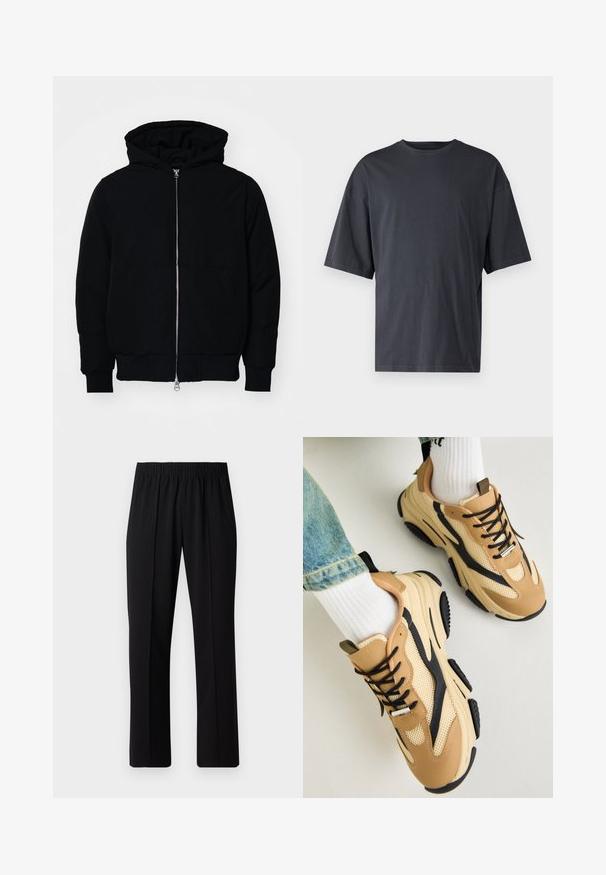 Čierna kapucňová bunda s predným zipsom, klokaními vreckami, rebrovanými manžetami a lemom, zobrazená na bielom pozadí.; Tmavošedé tričko s krátkym rukávom vyrobené z ľahkého bavlneného materiálu, s voľným strihom a klasickým okrúhlym výstrihom, bez vzoru a s hladkou textúrou.; Čierne nohavice s elastickým pásom a rovnými nohavicami, majú hladkú textúru a žiadne viditeľné vzory ani kovové doplnky.; Steve Madden POSSESS - Tenisky - khaki