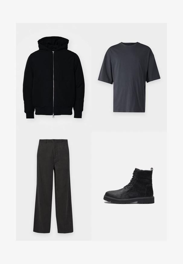 Chaqueta negra con capucha, cierre frontal, bolsillo tipo canguro, y puños y dobladillo acanalados, exhibida sobre un fondo blanco liso.; Camiseta de manga corta en gris oscuro, hecha de algodón ligero, con un corte holgado y un cuello redondo clásico, con textura lisa y sin patrones.; Pantalones de pana negros con un diseño de pierna ancha, que presentan una textura de acanalado vertical, un cierre de cremallera con botón y bolsillos frontales.; Botas negras hasta el tobillo con un superior texturizado, que presentan un cierre de cordones en la parte delantera, una suela de goma resistente y una lengüeta en la parte posterior para facilitar su uso.