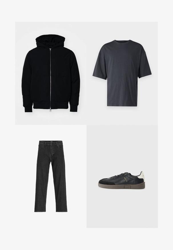 Svart huoodiejacka med framdragkedja, känguruficka, ribbade ärmslut och nederkant, uppställd mot en vit bakgrund.; Mörkgrå t-shirt med kort ärm i lättviktsbomull, med en lös passform och klassisk rundhalsringning, med slät textur och utan mönster.; Svarta denimjeans med rak passform, featuring dragkedja, bälteslöljer och sex fickor, tillverkade av en kraftig bomullsblandning.; Replay POLYS SCENT - Sneakers - black/off white