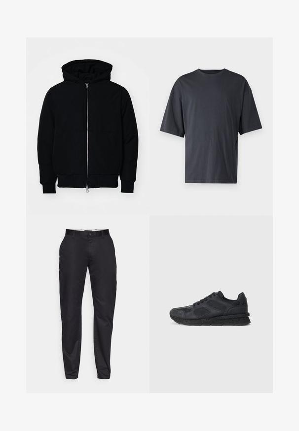 Svart huoodiejacka med framdragkedja, känguruficka, ribbade ärmslut och nederkant, uppställd mot en vit bakgrund.; Mörkgrå t-shirt med kort ärm i lättviktsbomull, med en lös passform och klassisk rundhalsringning, med slät textur och utan mönster.; Svarta byxor med slim fit, med platt framsida, bälteshällor och en enkel knappstängning. Smoother tyg med minimal lyster.; Replay ARTHUR ATOM - Sneakers - black