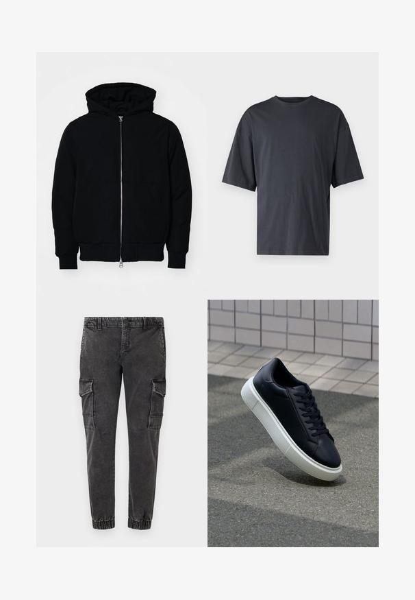 Melna kapucēta jaka ar priekšējo rāvējslēdzēju, kenguru kabatu, ribinātām aprocēm un apakšmalu, parādīta uz vienkārša balta fona.; Tumši pelēkas īsām piedurknēm T-krekls, izgatavots no viegla kokvilnas, ar brīvu piegriezumu un klasisku apaļu kakla izgriezumu, bez rakstiem un ar vienveidīgu faktūru.; Melni cargo bikses ar elastīgām aprocēm, kurām ir lielas sānu kabatas, brīvs griezums un nedaudz nolietota, teksturēta džinsa auduma.; Melnas ādas kedas ar noapaļotu pirkstu un baltu gumijas zoli. Iespējas - plakanas šņorītes un minimāla apdare augšdaļā. Struktūrēta zole, lai nodrošinātu saķeri.