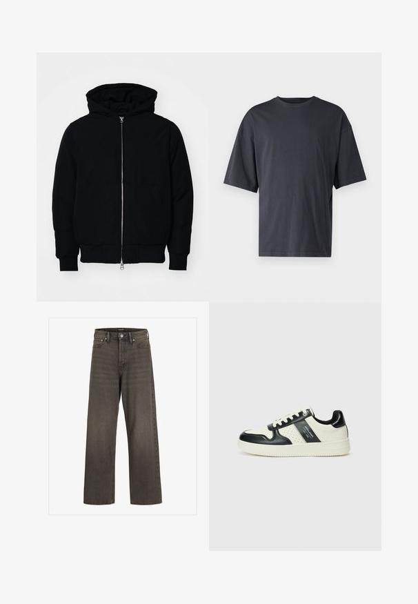 Black hooded jacket with front zipper, kangaroo pocket, ribbed cuffs, and hem, displayed on a plain white background.; Dark gray short-sleeve t-shirt made of lightweight cotton, featuring a loose fit and classic crew neckline, with plain texture and no patterns.; Wide-leg jeans in dark grey denim, featuring a high waist, classic five-pocket design, and contrasting stitching along the seams.; Leather sneakers with a black and cream color scheme, featuring perforated accents, a padded collar, and a textured outsole.