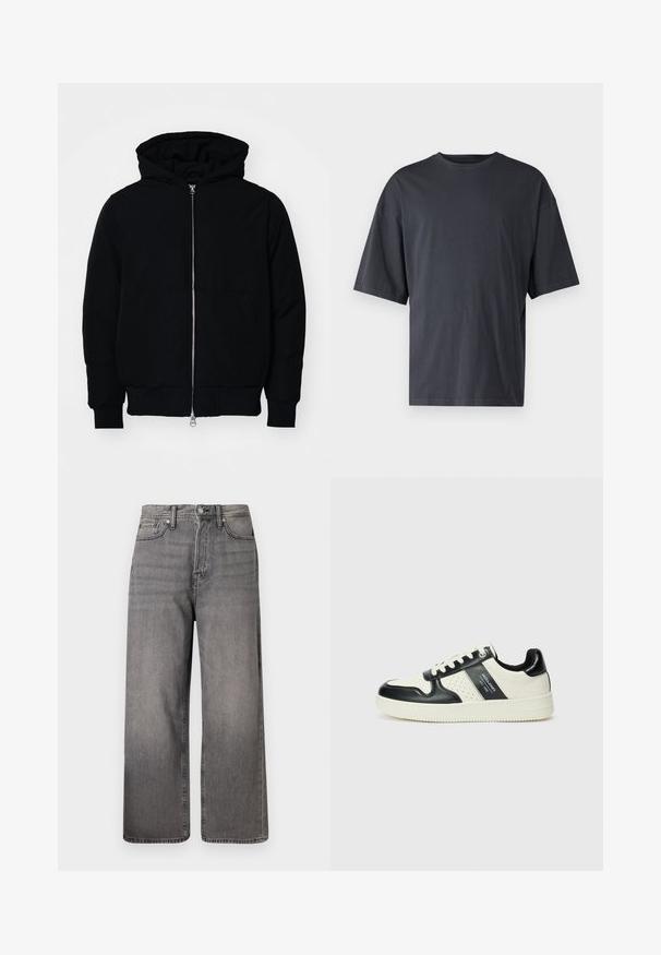 Mustaga kapuutsiga jakk, millel on esineed, kenguru tasku, soonikkoes, ja alläär, esitatud lihtsal valgel taustal.; Tumehall lühikeste varrukatega T-särk, mis on valmistatud kerge puuvilla segust, laia lõikega ja klassikalise ümmarguse kaelusega, täiesti sile ja ilma mustriteta.; Laiad jooned teksad pleekinud mustast denimist. Omavad viit taskut, visiiri litsumise ja metallnuppu. Kulunud tekstuur ning peened värvi varieerumised.; Nahatud nahkkingad musta ja kreemi värviskeemiga, millel on perforeeritud aktsendid, pehme krae ja tekstureeritud tallad.