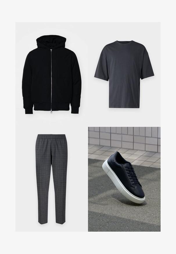 Mustaga kapuutsiga jakk, millel on esineed, kenguru tasku, soonikkoes, ja alläär, esitatud lihtsal valgel taustal.; Tumehall lühikeste varrukatega T-särk, mis on valmistatud kerge puuvilla segust, laia lõikega ja klassikalise ümmarguse kaelusega, täiesti sile ja ilma mustriteta.; Hallid ruudulised püksid, millel on elastne vöökoht ja kitsenevad sääred, on valmistatud tekstuuriga kangast, millel on peen mustr.; Mustast nahast tennisetoss, millel on ümar nina ja valge kummist tall. Omab siredaid paelu ja minimaalset õmblemist ülemises osas. Tekstuuriga tald, mis tagab haakuvuse.