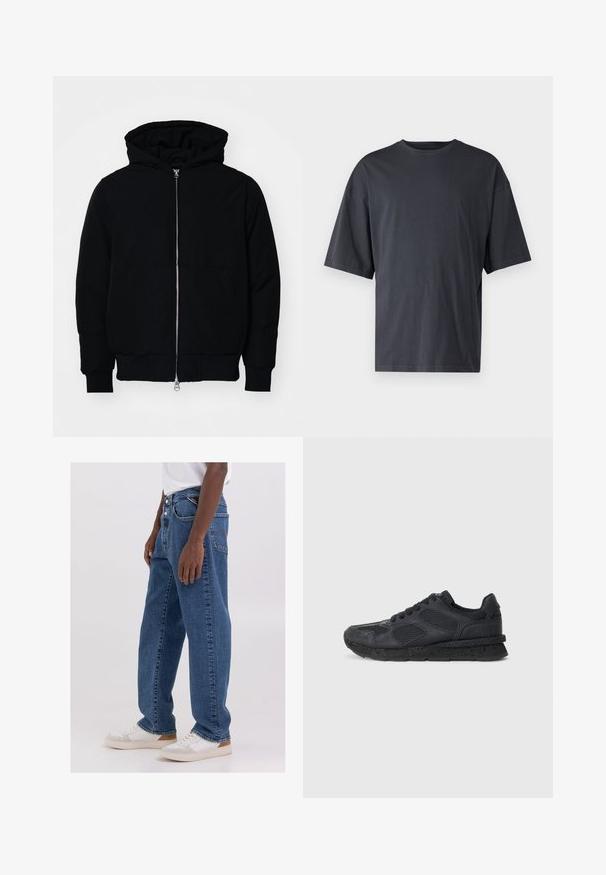 Melna kapucēta jaka ar priekšējo rāvējslēdzēju, kenguru kabatu, ribinātām aprocēm un apakšmalu, parādīta uz vienkārša balta fona.; Tumši pelēkas īsām piedurknēm T-krekls, izgatavots no viegla kokvilnas, ar brīvu piegriezumu un klasisku apaļu kakla izgriezumu, bez rakstiem un ar vienveidīgu faktūru.; Gai zilo džinsu bikses ar brīvu piegriezumu, piecu kabatu dizainu un pogu aizdari, apvienojot ar vienkāršu baltu krekli un baltām sporta apaviem.; Replay ARTHUR ATOM - Treniņu apavi - black